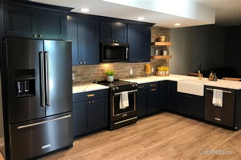 blue cabinets with black stainless steel appliances|blue cabinets with dark countertops.